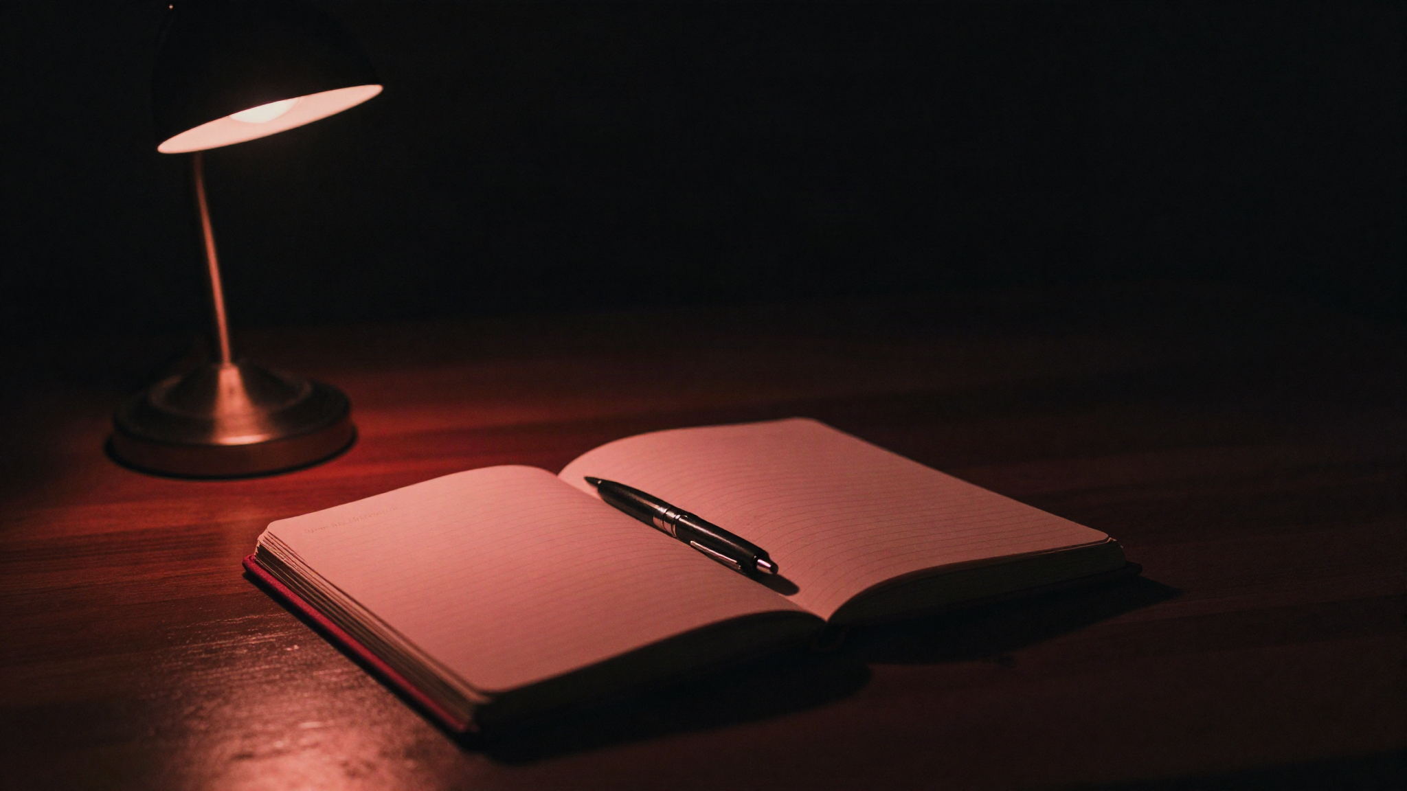 An open notebook and pen on a dark desk under a warm red lamp