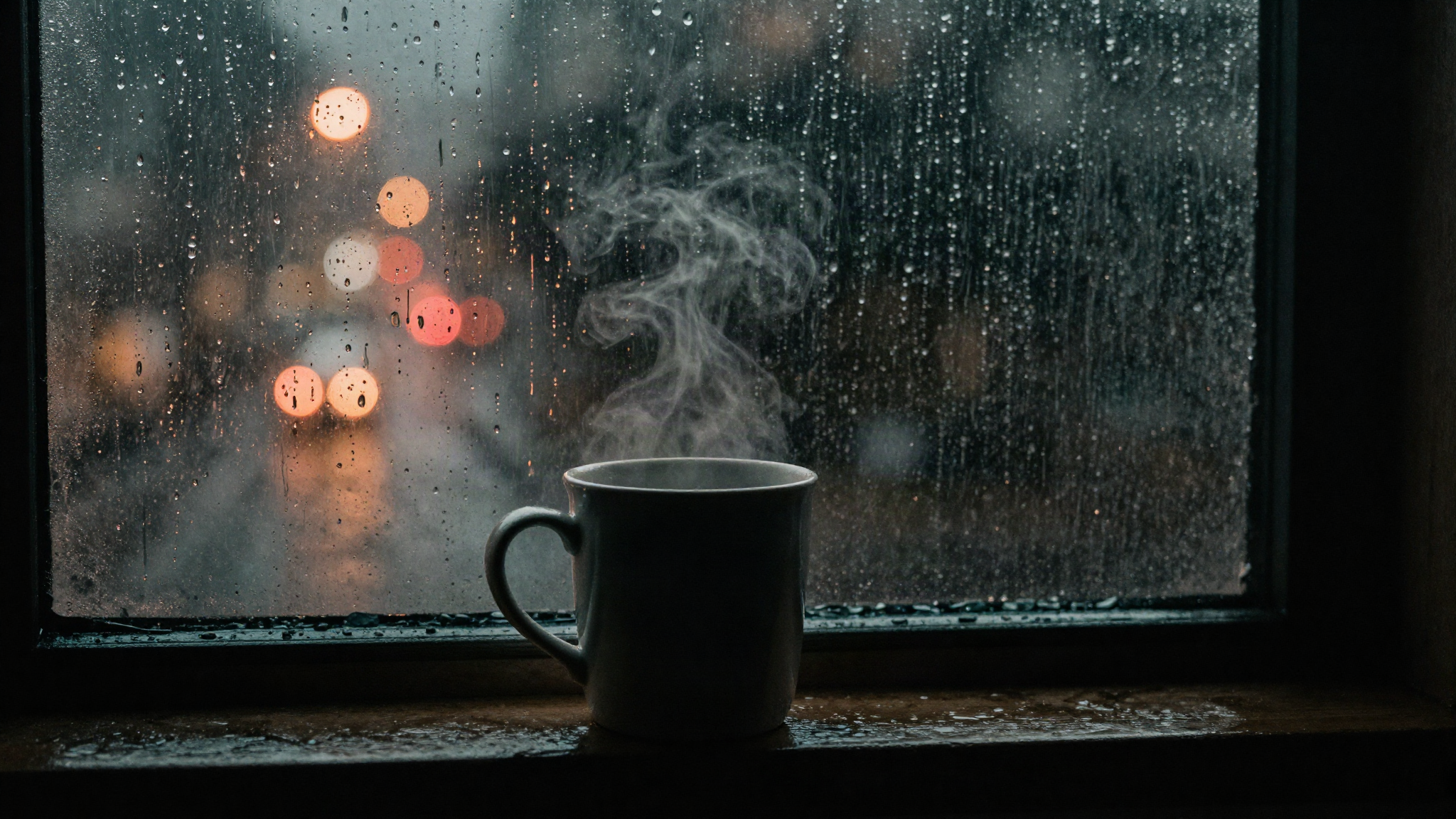 A steaming mug on a rainy windowsill with red city lights outside