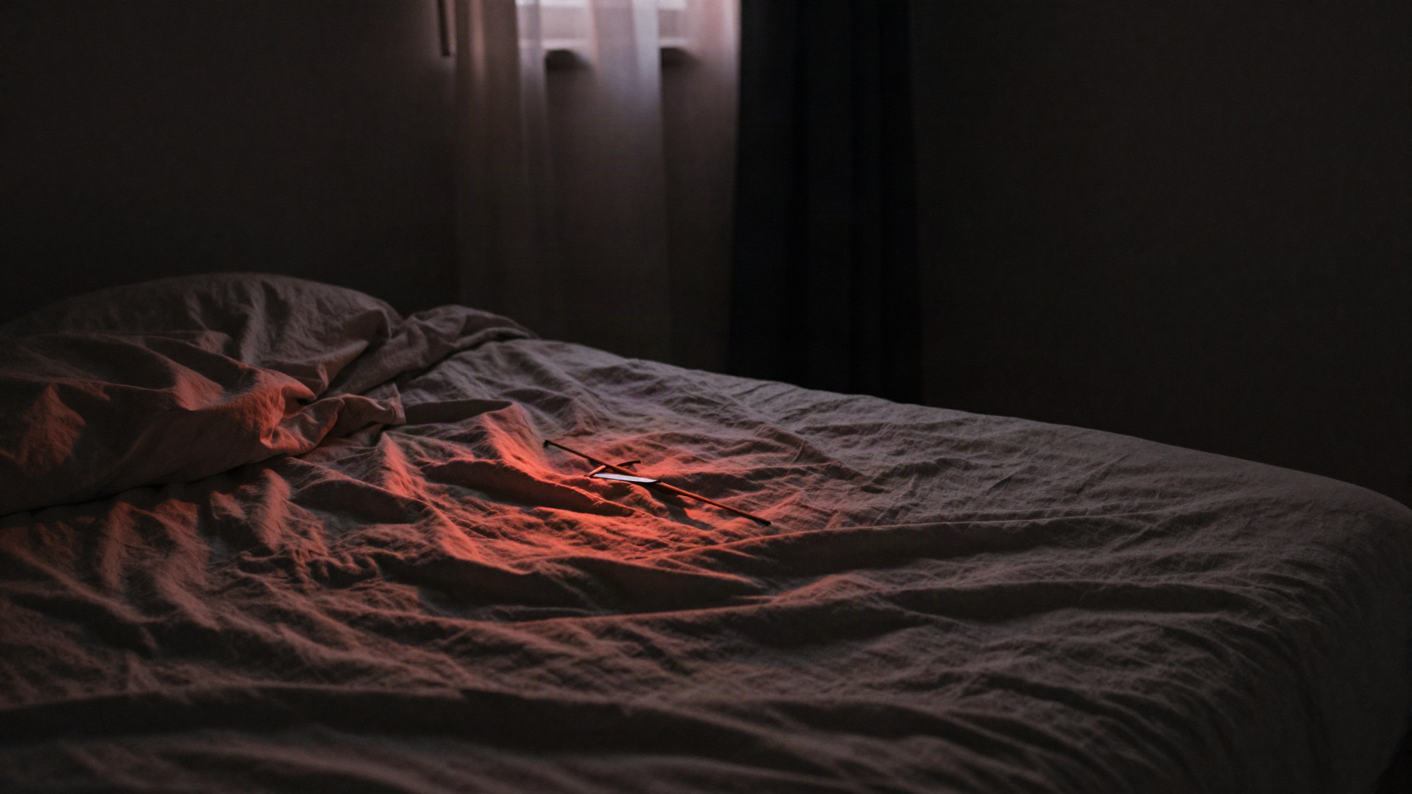 Early morning light falling red across an unmade bed