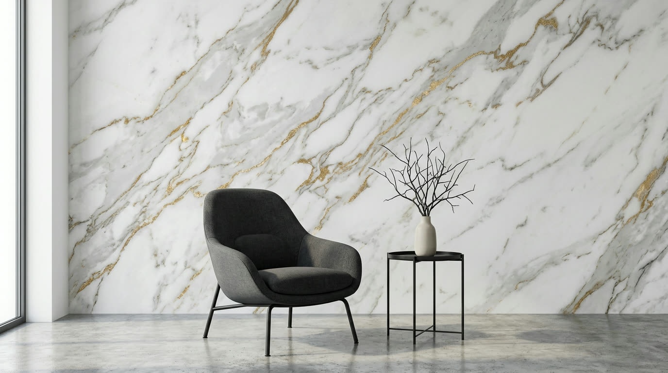 A room with a full wall of custom printed marble and gold wallpaper behind an armchair and side table