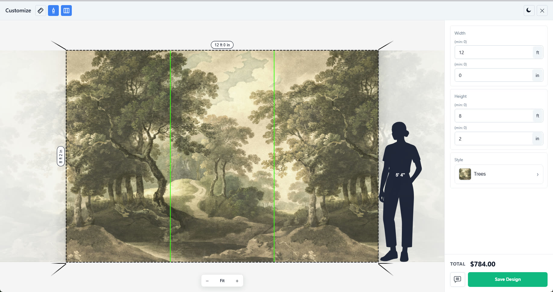 The Appify wallpaper calculator on a 12 ft by 8 ft 2 in wall showing a forest mural with rulers, panel guides, a 5 ft 4 in figure and a total of $784.00