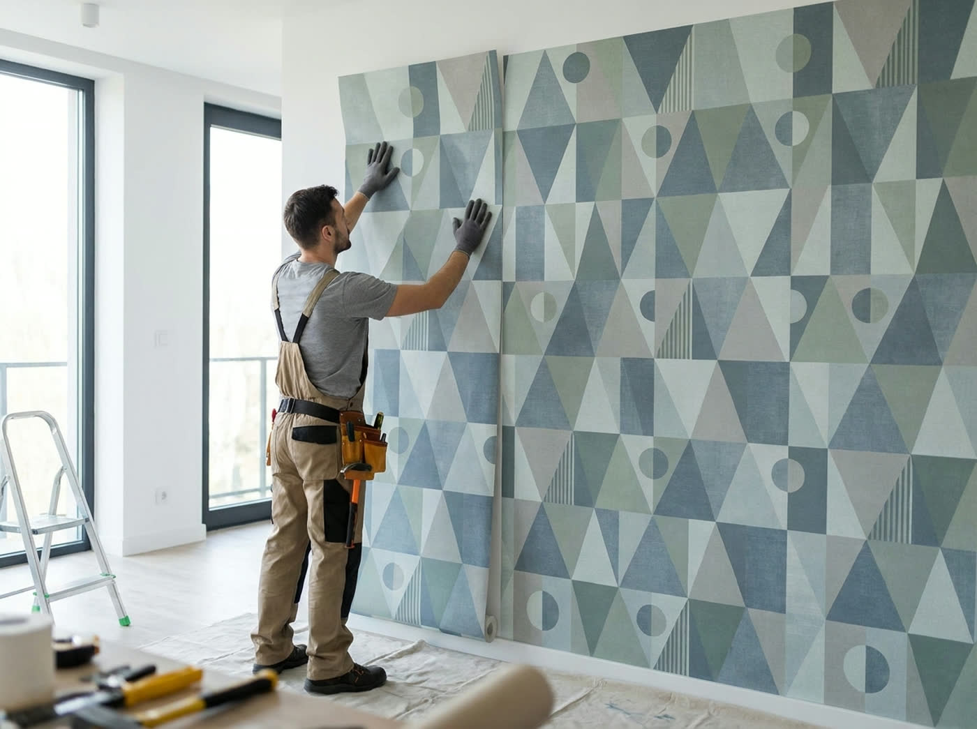 An installer hanging a panel of custom printed wallpaper with the pattern matched at the seam