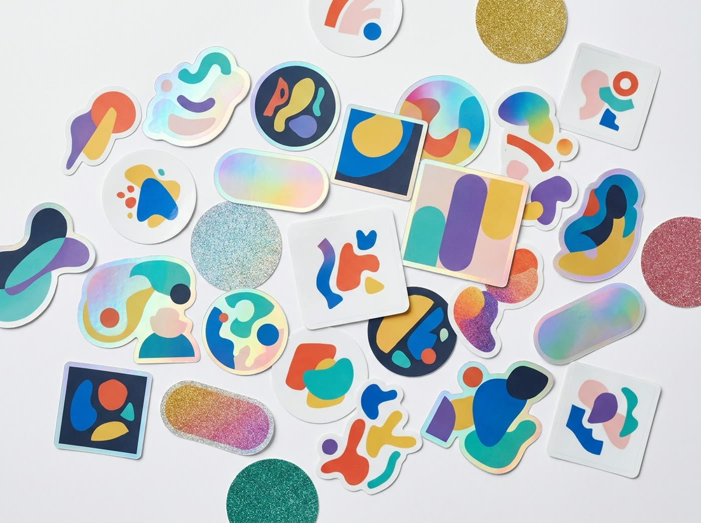 Assorted custom die-cut, holographic and glitter stickers in many shapes and sizes