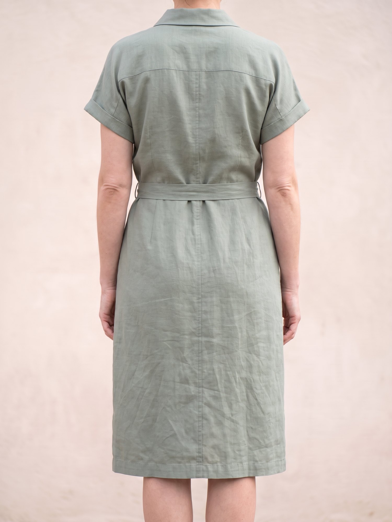 Women's Short Sleeve Linen Blend Shirt Dress in Sage, back view