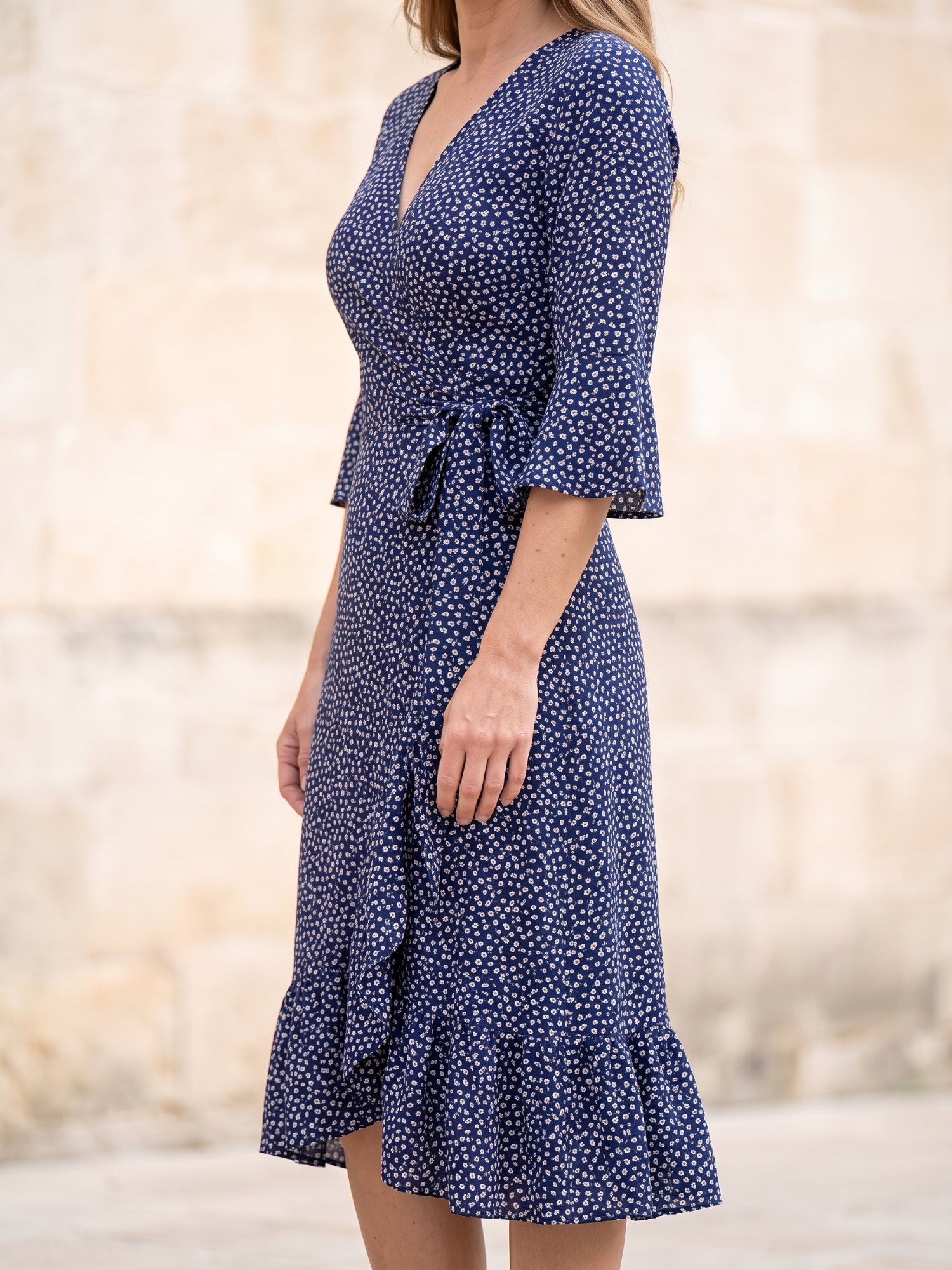 Women's Floral Print Midi Wrap Dress in Navy Floral, side view