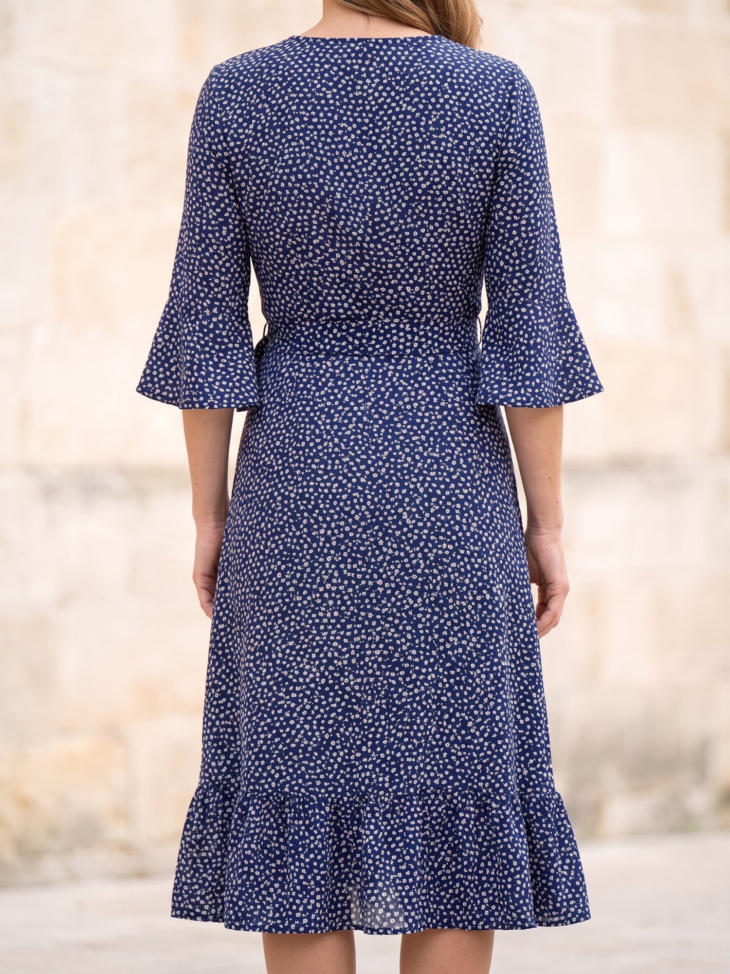 Women's Floral Print Midi Wrap Dress in Navy Floral, back view