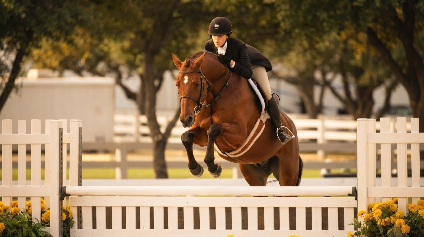 Horse and rider competing over a hunter fence