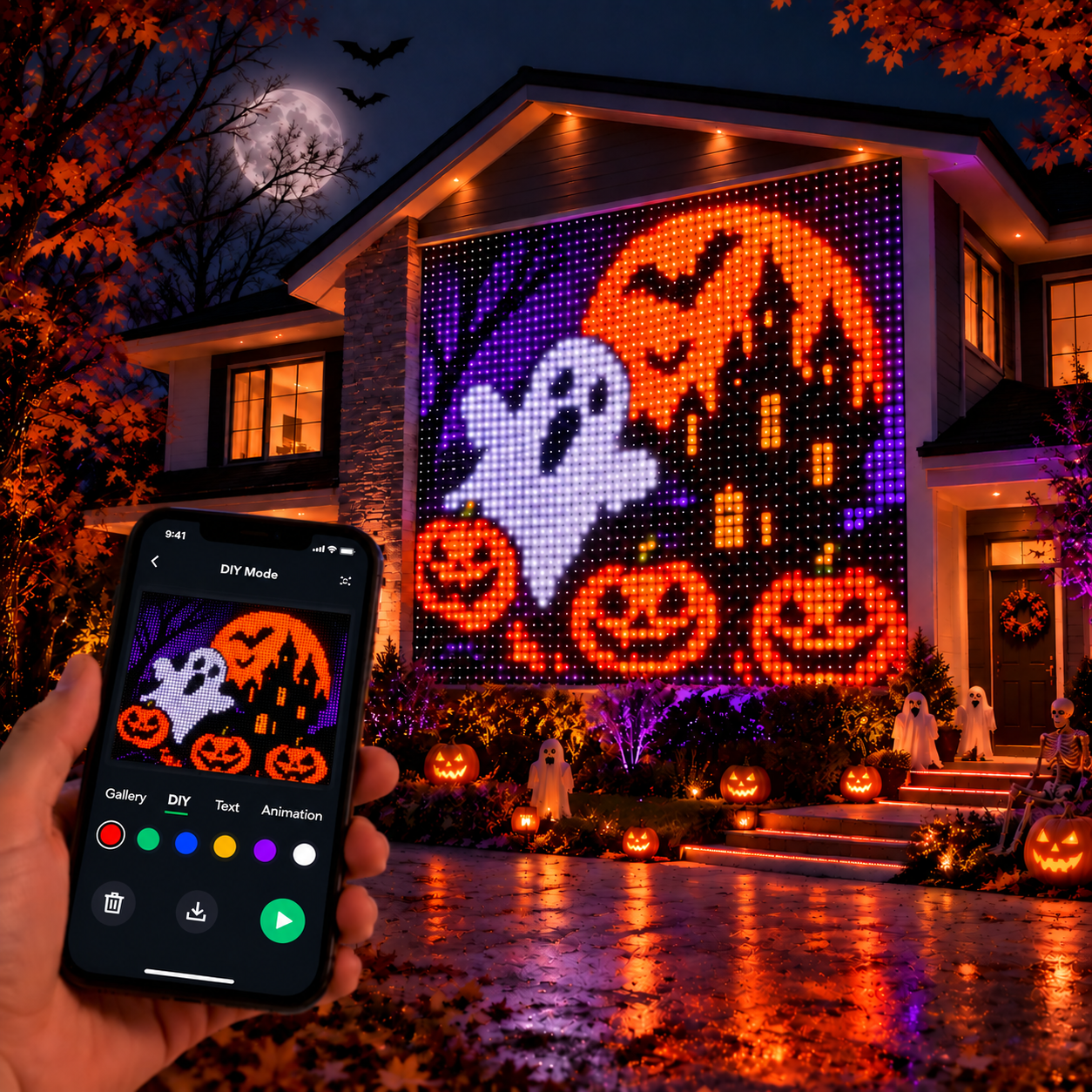 LED curtain with Halloween pixel art and phone app