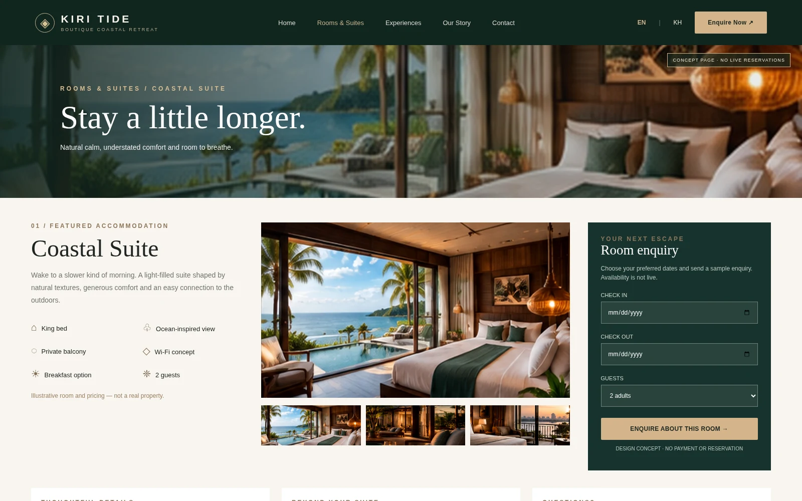 ADF's KIRI TIDE website concept — a fictional resort, not a real hotel or booking service.