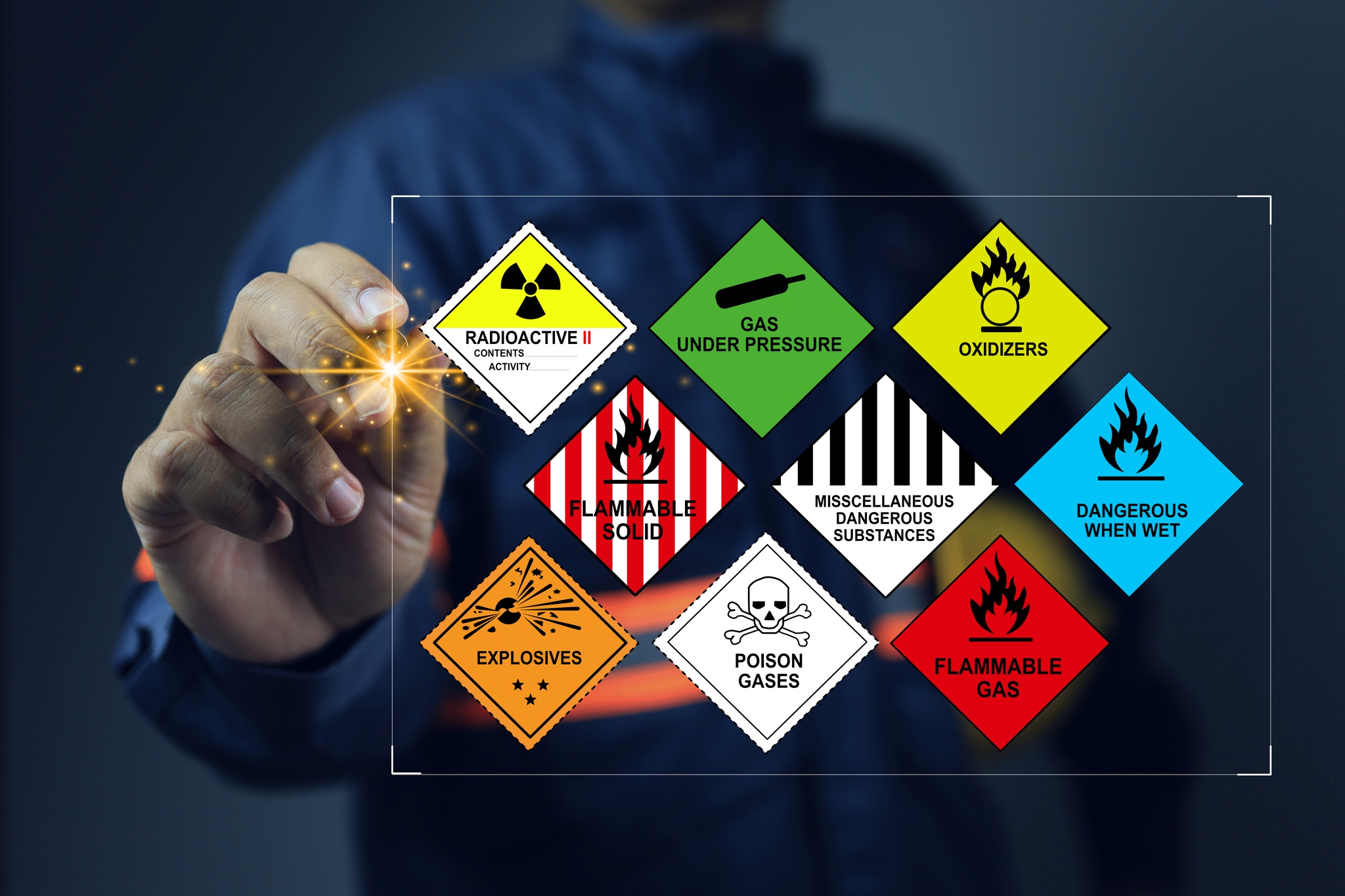 Worker reviewing a digital panel of dangerous goods symbols