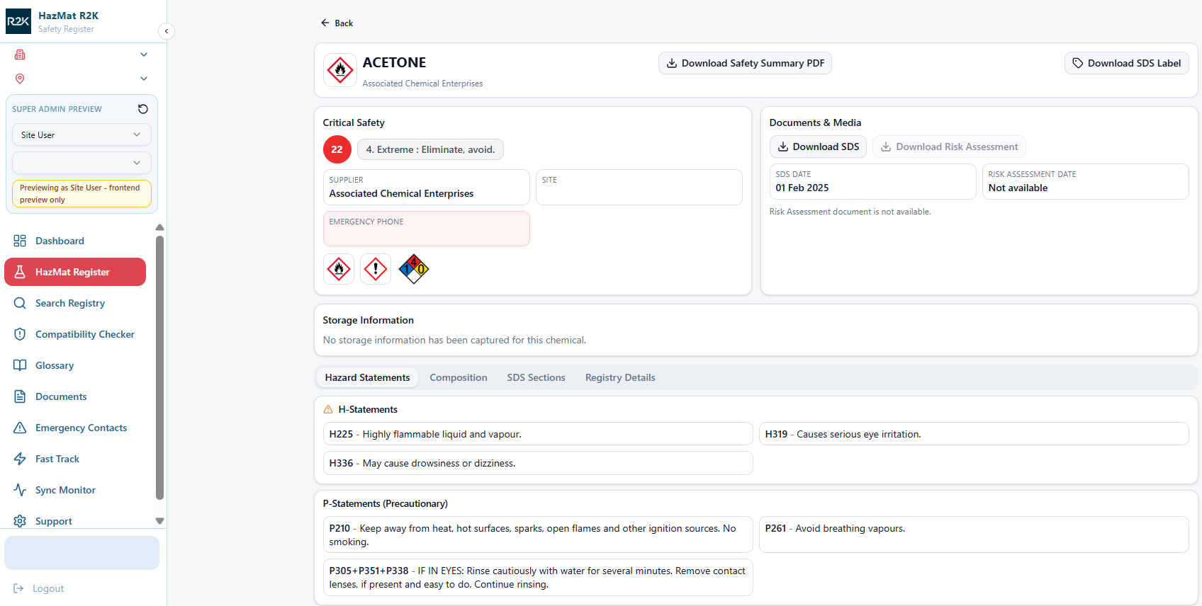HAZMAT R2K acetone detail page with hazard and precautionary statements