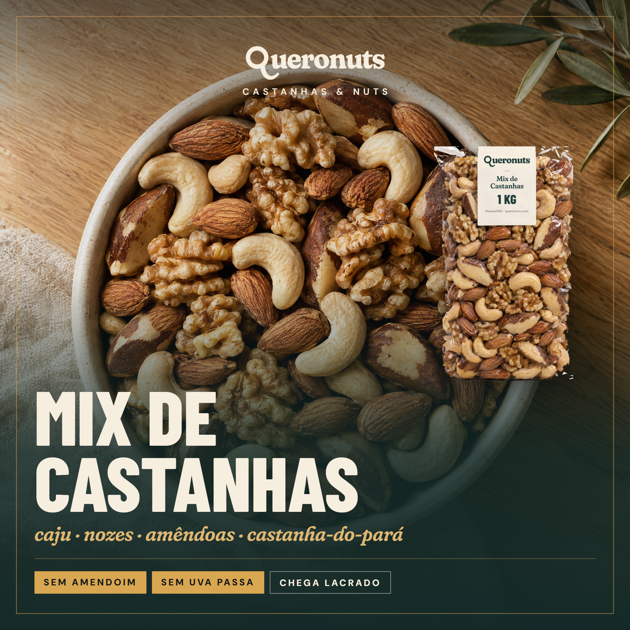 Mix de Castanhas — caju, nozes, amêndoas e castanha-do-pará · sem amendoim, sem uva passa
