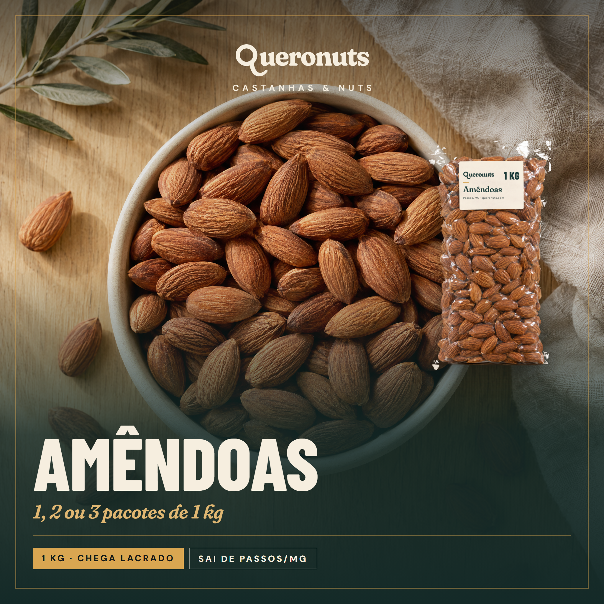 Amêndoas — 1 kg, 2 ou 3 pacotes · chega lacrado