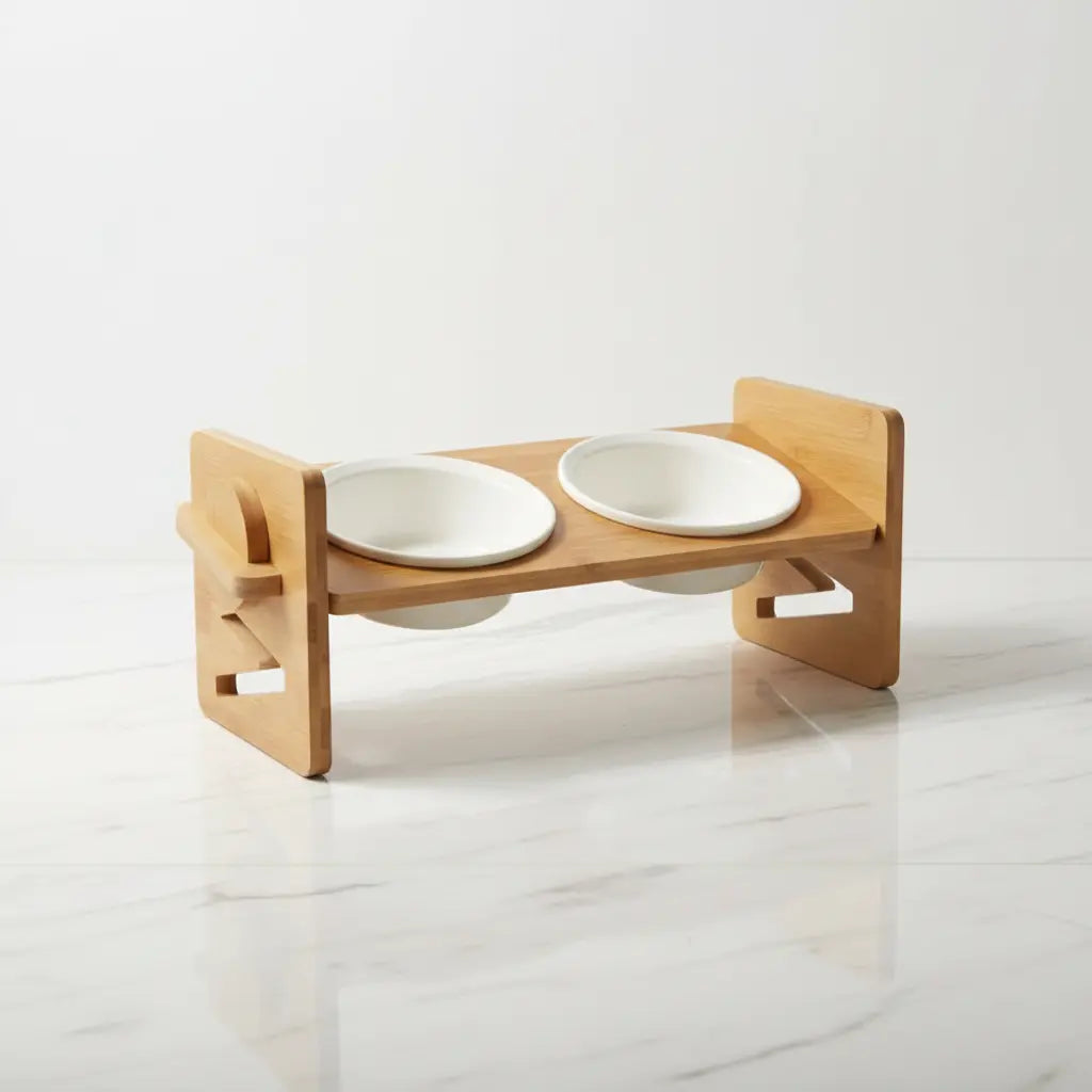 Kitty Buffet — Elevated Bamboo Cat Bowl Stand with Ceramic Bowls at home