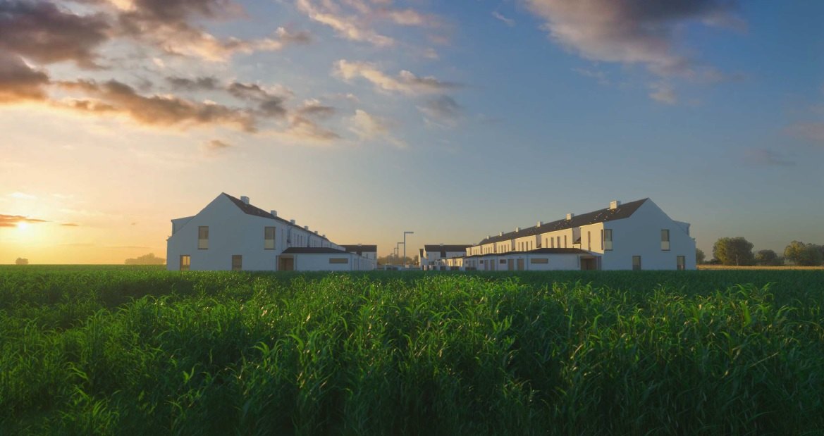 Wizualizacja osiedla Cesarzowice — osiedle o zachodzie słońca
