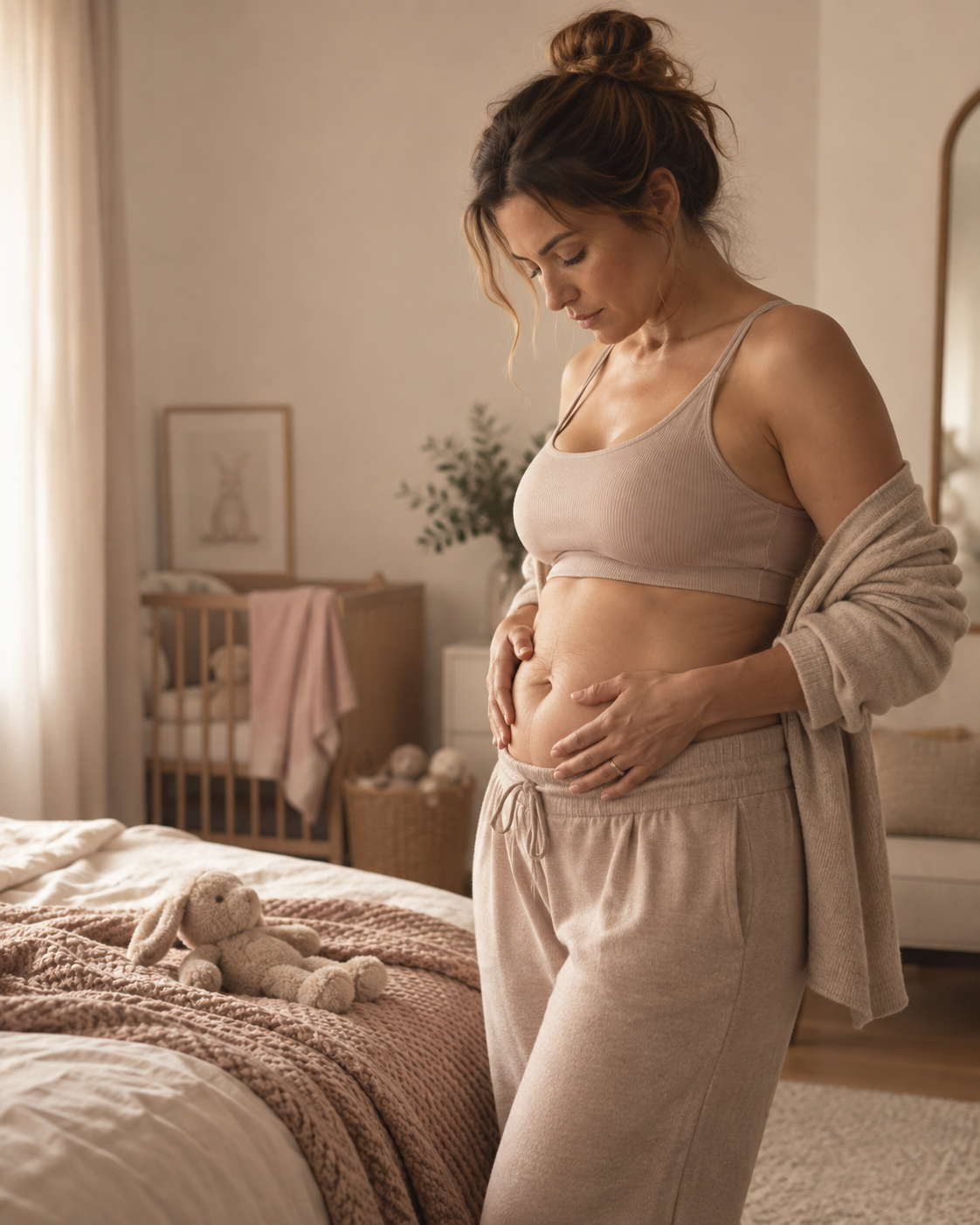 Escena ilustrativa: una mujer contempla su cuerpo en un hogar con detalles de maternidad