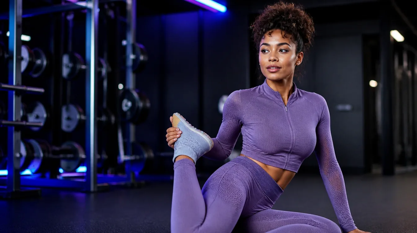 Adult female fitness model in a blue and violet studio