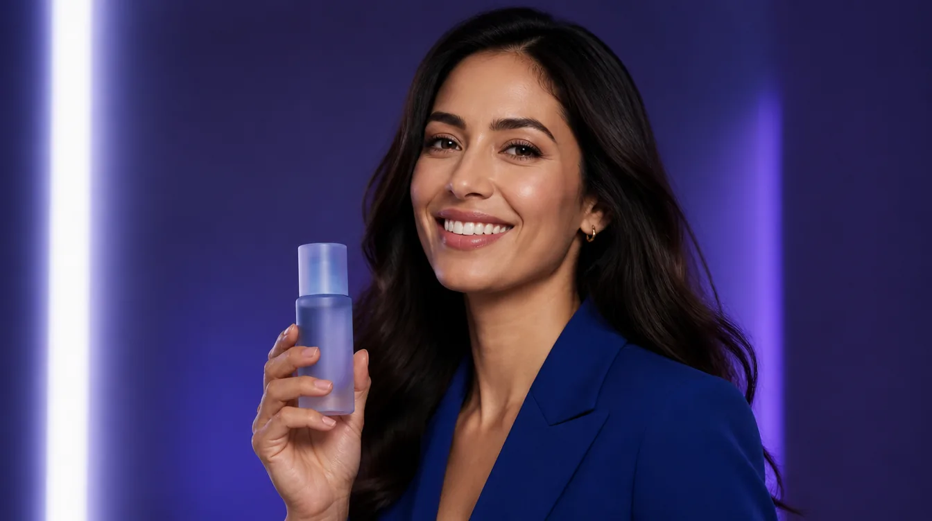 Adult female beauty model presenting a skincare product