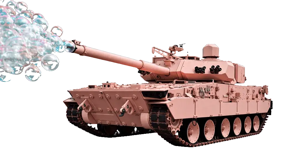 Sand-colored tank mascot firing playful soap bubbles