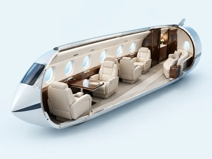 3D cutaway render of a private aircraft cabin