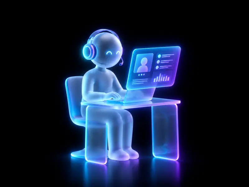 Glass figure with a headset working at a holographic screen