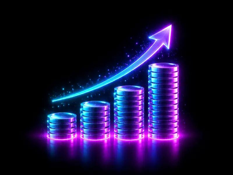 Glowing coin stacks rising like a chart with an upward arrow