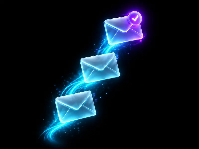 Glowing envelopes rising in a stack with a check mark